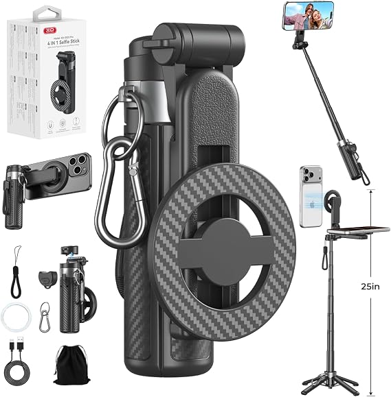 Upgrated 5-in-1 Magnetic Selfie Stick with Remote for Cell Phone 360 Rotation.Can Transforms into Mini Tripod/Camera Grip/Handheld Stabilizer/Phone Stand.Extend to 25 inches