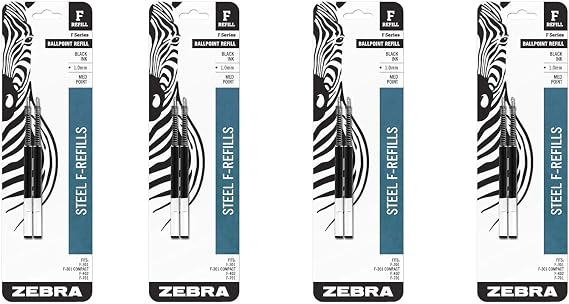 Zebra Ballpoint Pen F-Refill 85412, 1.0mm, Medium Point, Black, 4 Pack, 8 Refills