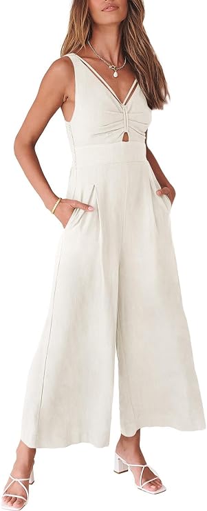 ANRABESS Womens Summer Linen Wide Leg Sleeveless Jumpsuits | V Neck Cutout High Waist Rompers, Breathable Lightweight, Beach Vacation Pants Outfit, Casual Dressy, Fall Winter Resort Wear