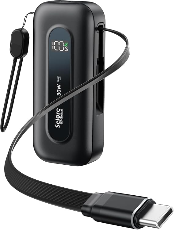 Selore&S-Global Power Bank 10,000mAh with Built-in Retractable Cable & C to L Cable, 30W Fast Charging Portable Charger, LED Display, Travel Battery Pack for iPhone 16/15/14/13 Series Samsung