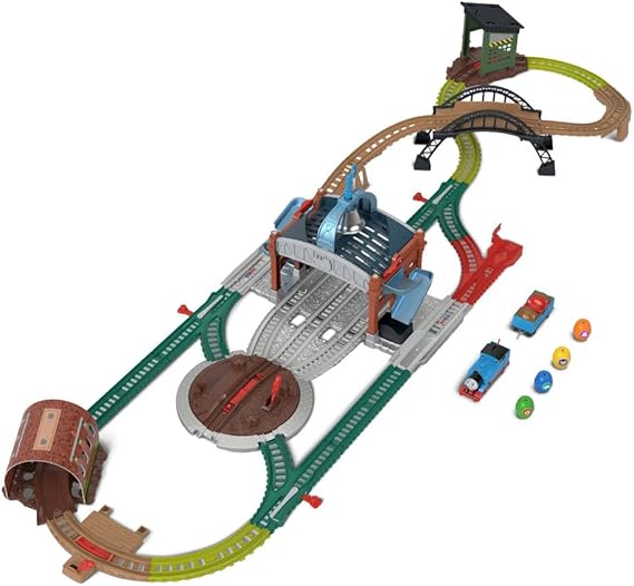 Thomas ve Arkadaşları oyuncak tren oyun seti, Yükle ve Fırlat Teslimatı, motorlu klasik lokomotif ve yük vagonu, 550 cm'lik ray, JDF26