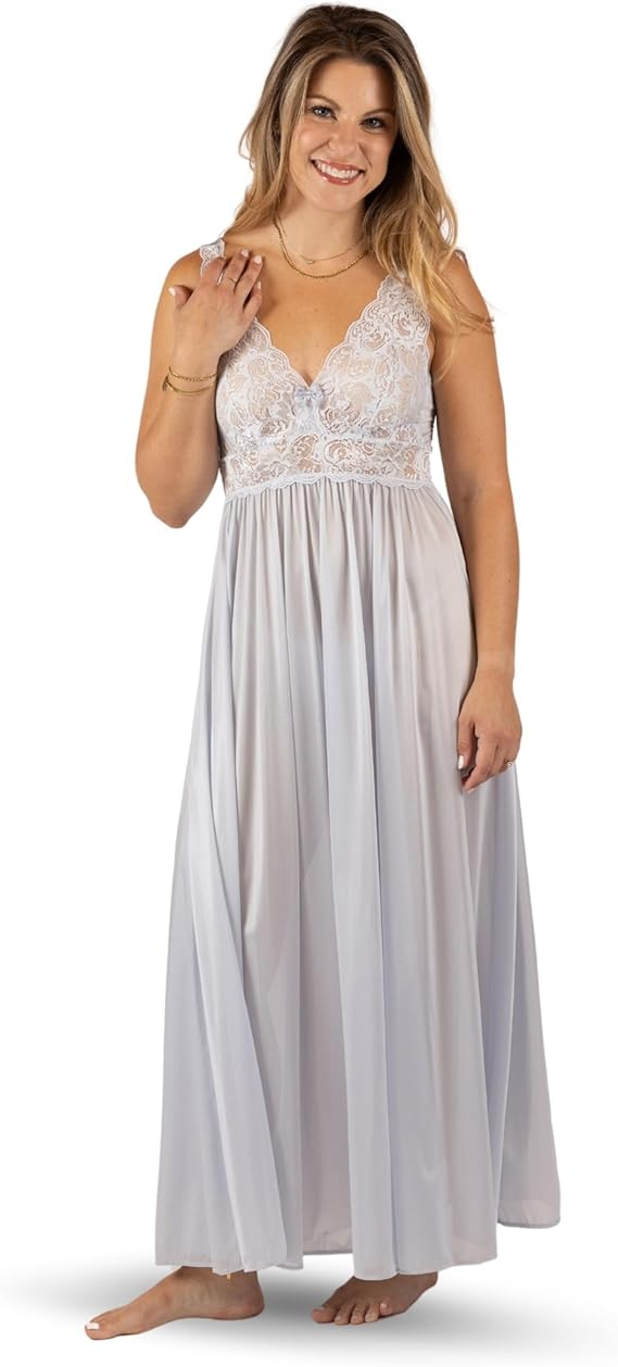 Shadowline Womens Silky Lace Bodice Nightgown Flowy Sleeveless Sleepwear