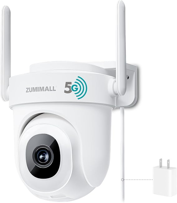 ZUMIMALL 2.5K WiFi Outdoor Security Camera, Plug-in, 360 PTZ Auto Tracking | 2.4/5G WiFi, 24/7 Recording, AI Motion Detection, 5MP Color Night Vision, Cloud & SD Card Storage, Work with Alexa