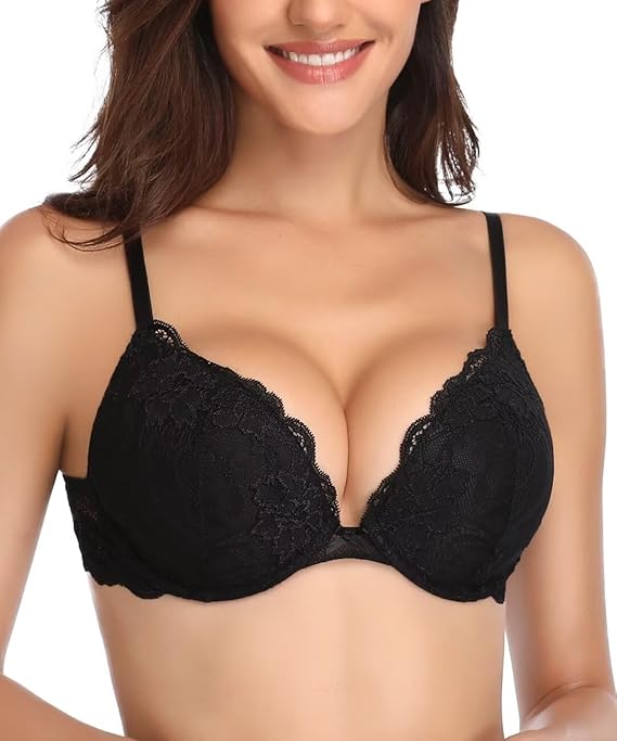 Deyllo Womens Push Up Lace Bra Comfort Padded Underwire Bra Lift Up Add One Cup