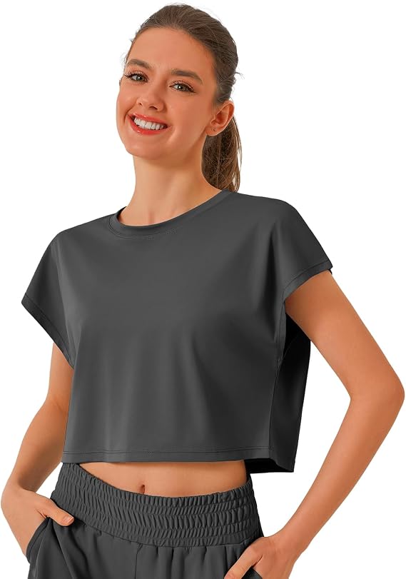 Women's Crop Top Athletic T-Shirt Cap Sleeve Sports Yoga Pilates Running Gym Loose Fit Crop Tops