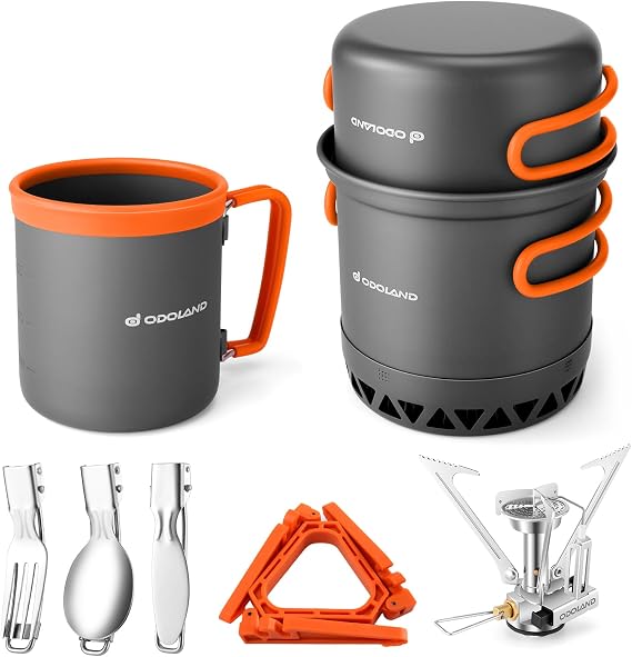 Odoland Camping Cookware Kit, Outdoor Cooking Set Non Stick Pot and Pans Lightweight Backpacking Hiking Utensil Gear for 1 to 2 People Traveling Trekking and Camping