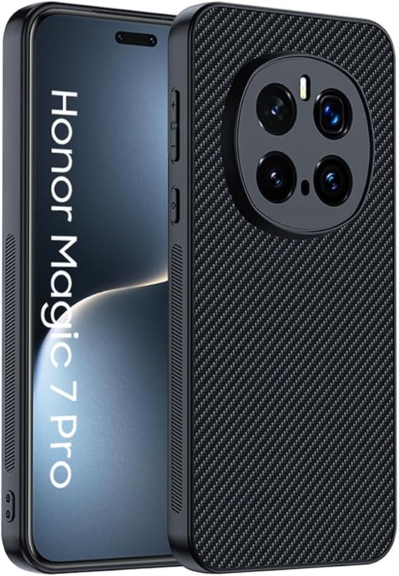 for Honor Magic 7 Pro Case, Luxury Carbon Fiber & Flexible Silicone Bumper Cover Rugged Lightweight Slim Fit Grip Shockproof Protection (Black)