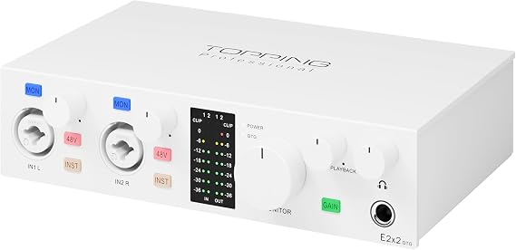 TOPPING E2x2 OTG USB Audio Interface - Ultra-Linear Preamp & Powerful Headphone Amp,Optical Output, Dual Mobile Streaming, Zero-Latency, 192kHz/24bit Recording, PC/Mobile Compatible(White)