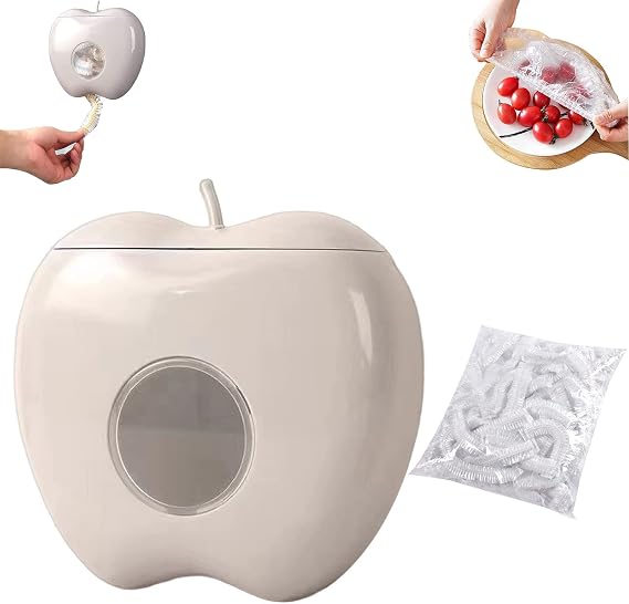 Plastic Wrap Storage Box, Fresh Keeping Bag Storage Box with 100 Pcs Cling Films, Punch-Free Wall-Mounted Large Capacity for Apple Shape Kitchen