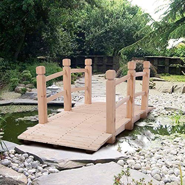 5Ft Outdoor Lawn Pond Bridge Walkway for Garden Yard Patio Courtyard Farm Stream Creek, Garden Bridge, Classic Wooden Arch with Safety Rails Stained Finished Footbridge, Decorative Pond Landscaping