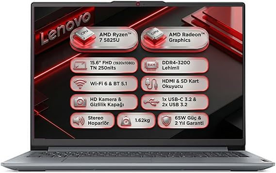 Lenovo IdeaPad Slim 3 15ABR8 AMD Ryzen 7 5825U 8GB 512GB SSD 15.6" FHD Freedos Laptop, Notebook 82XM00U8TX