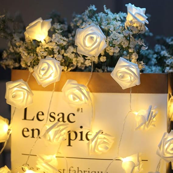 Dioche Flower Lights 3 Meter 20LED USB Artificial Flower String Lights Rose Fairy Lights for Bedroom Christmas Valentine's Day Wedding Party Patio Decoration(Warm White)