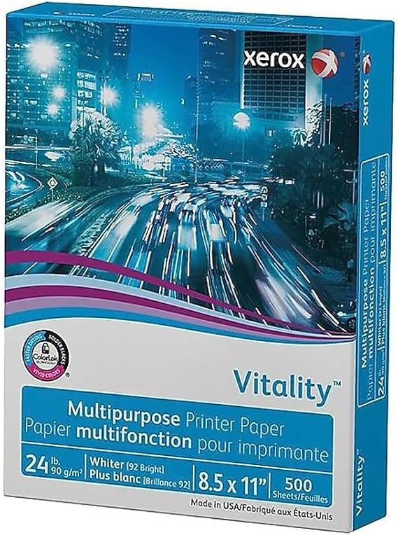 xerox Vitality Multipurpose Print Paper, 92 Bright, 24 lb Bond Weight, 8.5 x 11, White, 500/Ream