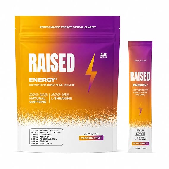 Raised Energy & Focus Drink Mix | 200mg Natural Caffeine + 400mg L-Theanine + Alpha GPC | Nootropic Brain Energy Supplement | Zero Sugar, No Sucralose | Memory, Mood & Cognition | 15 Stick Packs