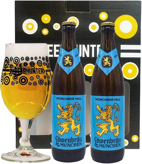 Lowenbrau Helles German Lager Gift Set with Beerhunter Glass (2 Pack)