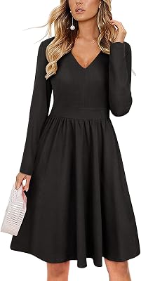 ULTRANICE Womens Fall Casual Long Sleeve Dresses V Neck Swing Midi Dress with Pockets