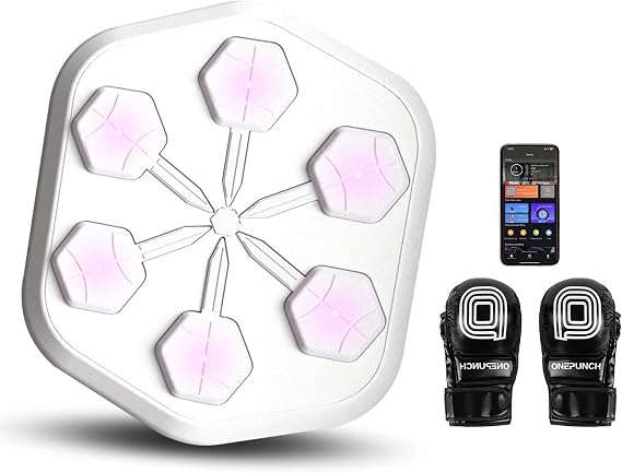 ONEPUNCH V3 Smart LED Boxing Machine Electronic Music Workout Trainer for Indoor Fitness, APP Connected Punch Pad with Full LED Panel, Stress Relief & Fun Training with Gloves (White)
