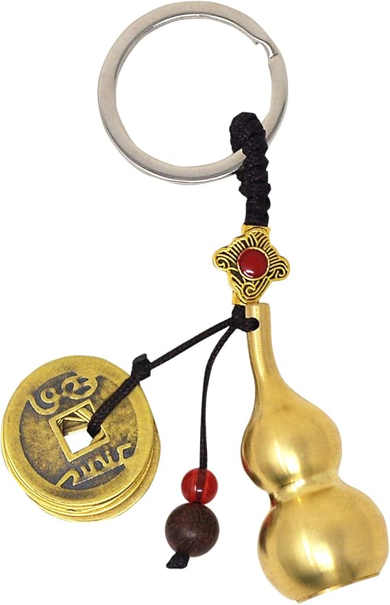 Feng Shui Five Emperors Money Copper Gourd Key Chain pendant with Brass Coins and Wu Lou Gourd Calabash with Blessing Paper W4349