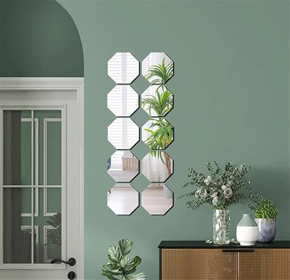 Octagon Mirror Wall Stickers, 10 Pcs Removable Octagonal Acrylic Mirror Wall Stickers Decal Non Glass Mirror Plastic Sheet Tiles DIY Art Wall Decals for Office Living Room Bedroom Home Wall Decoration
