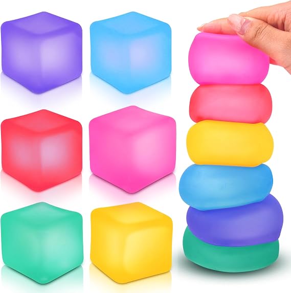 Fidget Toy Stress Cube 6 Pack - Squishy Fidget Toys for Relaxation, High Density Gel Filled, Fidgets for Classroom, Sensory Calming Toys for Kids Adults Children Teens | Bright colors, large 2.1 inches, soft squeeze feeling, quiet handheld fidgets for classrooms, offices, kids and adults
