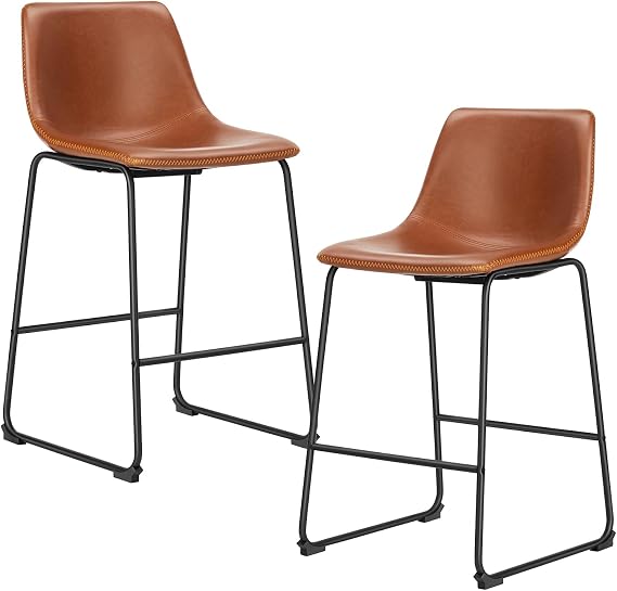 DUMOS Bar Stools Set of 2, Faux Leather Counter Height Bar Chairs for Pub | 26 Inch Barstools with Back, Metal Legs, Footrest, Armless, Modern, Kitchen Island, Living Room, Cafe, Brown