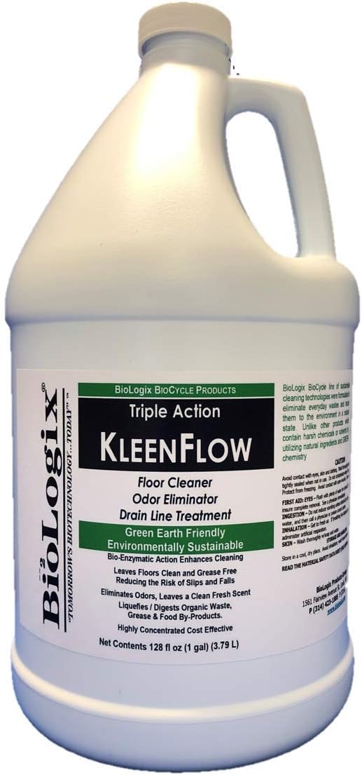 BioLogix KleenFlow Triple Action Floor Cleaner, Superior Odor Eliminator, Highly Effective Drain line Treatment 4X1 Gallon Case