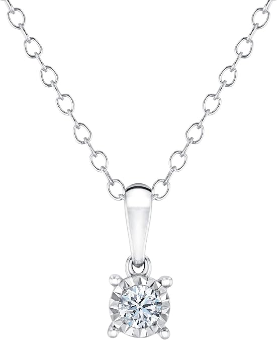 Endless Sparkle Round Diamond Solitaire Pendant Necklace, Sterling Silver Diamond Necklace For Women, 1/10 Carat Natural Diamond Pendant, 16 Inch 18 Inch Sterling Silver Chain, Cable Chain, Real