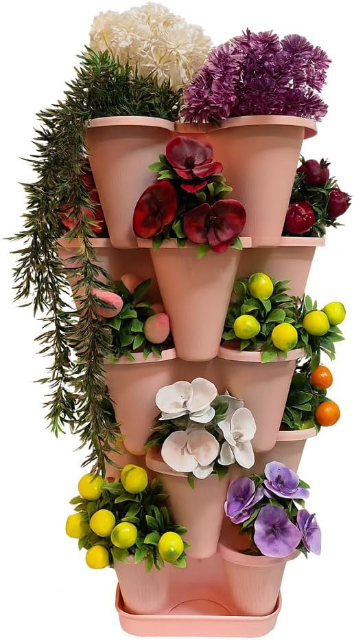 Arsimo 5 Tiers Lucky Clover Tower Flower Pot Set Flower Plant Vegetable Fruit Living Room Kitchen Bathroom Garden Flower Pot Set (Powdered Pink)