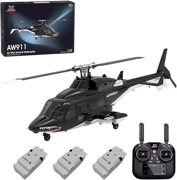 AW-911 Remote Control Helicopter for 16+, 1/34 Scale Airwolf RC Helicopter Model with 6G/3D Stunt Mode and GPS Positioning, Three Batteries (RTF Version/Mode 1/Mode 2 Switchable)