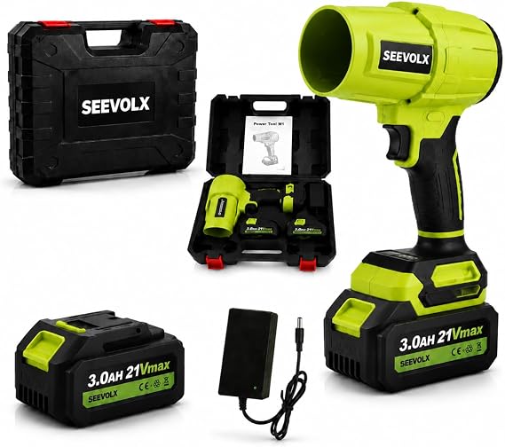 SEEVOLX Cordless Leaf Blower with 21V 3.0Ah Battery & Charger, 700 CFM Lightweight Handheld Blower, 800,000 RPM, 50+ m/s for Lawn, Patio, Leaves, Dust & Car Drying, Emerald Green