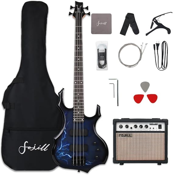 Fojill Cool Shape 4 Four String Electric Bass Guitar 20W Amplifier Amp Right Hand Beginner Starter Kit Set Combo Bundle(Thunder Blue)