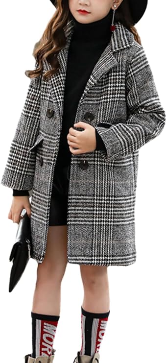 Boys Girls Winter Pea Coat Dress Coats Notched Lapel Collar Double Breasted Plaid Over Coats Long Jackets for Kids