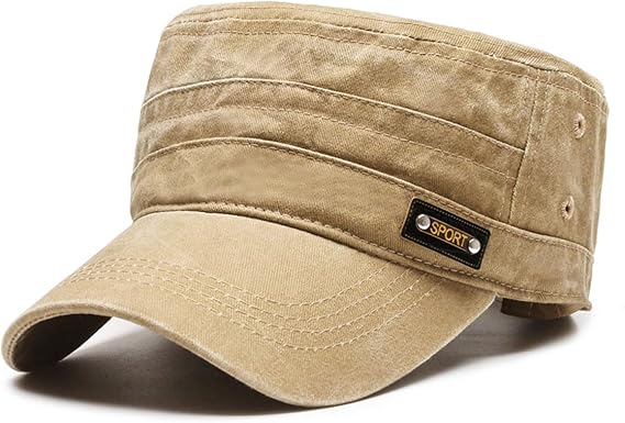 Cadet Army Cap for Men, Washed Cotton Adjustable Retro Military Flat Top Cap Outdoor Sports Baseball Sun Hat