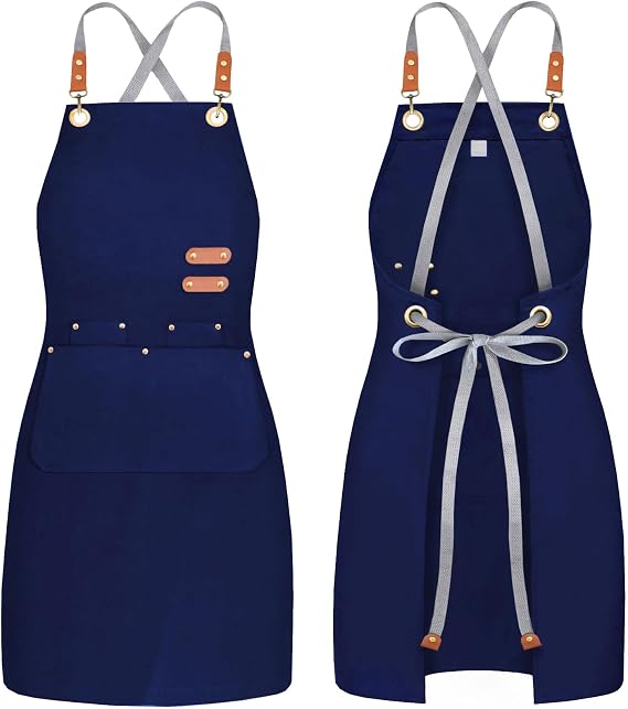 BeLuyi chef apron bib tool apron for man woman cross back straps with 4 pockets for kitchen cooking gardening baking working