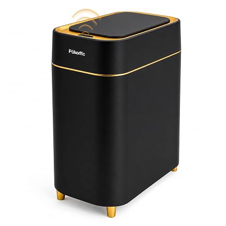 Pukomc Motion Sensor Wastebasket, 2.3 Gallon Bathroom Trash can with lid | Touchless Smart Plastic Slim Wastebasket, Quiet Close Waste Bin for Bathroom, Office, rv, Bedroom, Living Room, White Gold