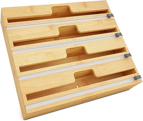 Plastic Wrap Dispenser with Cutter, Foil Dispenser with Cutter Wrap Organizer, with Slide Cutter for Kitchen Drawer, Bamboo Roll Organizer Holder,4grids