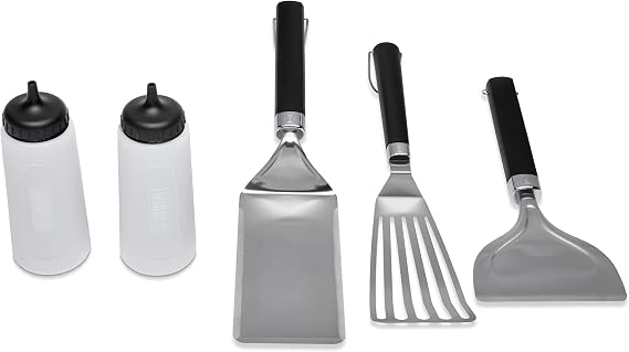 Weber Griddle Essential Tool Set, 5Piece | Spatula, Flexible Spatula, Scraper & (2) Squeeze Bottles for Breakfast, Burgers & More - Easy Cooking & Cleanup Accessory Kit