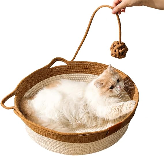 Petlex Cat Basket Bed, Round Rattan Cat House for Indoor Cats, Cute Cat Cotton Rope Woven Basket Nest with Interactive Ball, Washable Winter Summer Use (Medium)