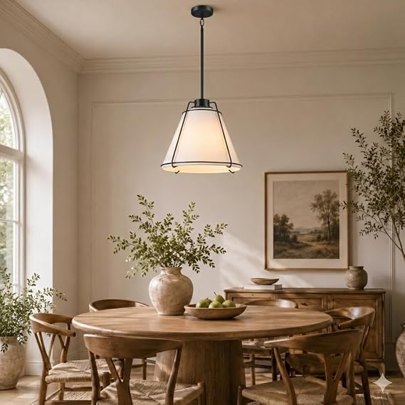JASIWAY Kitchen Pendant Light Kitchen Island with Connecting Rods of Different Lengths, Metal Chandelier with Linen Lampshade, E26 Base Hanging Light Fits for Living Room, Hallway, Dining Room, Black