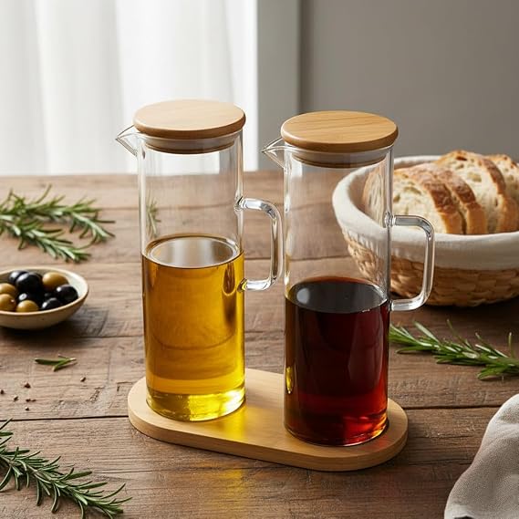 Deconox 2'li Şeffaf Cam Yağdanlık ve Sirkelik Seti - Bambu Kapaklı ve Özel Standlı Masaüstü Yağlık (190 ml)