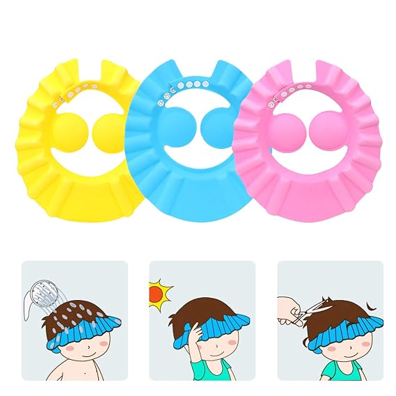 3Pcs Cute Kids Adjustable Shampoo Bath Bathing Shower Cap Hat Wash Hair Shield