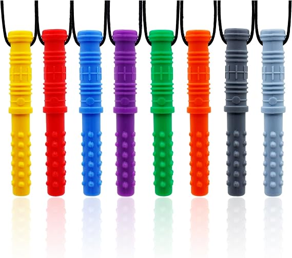 Chew Necklaces for Sensory Kids, 8Pcs Silicone Chewy Necklace for Children with Autism, ADHD, SPD, Chewing, Oral Motor Sensory Chew Toys(8PCS Cylinder Rainbow Colour)