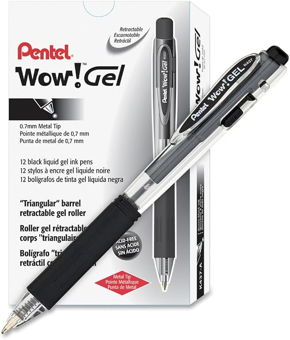 Pentel Wow! Gel Retractable Gel Pen 0.7mm Medium Line Black Ink, Box of 12 (K437-A)
