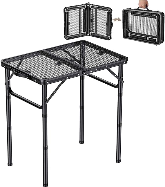 HOMGEN Small Folding Table 58x40cm-3 Adjustable Heights 25/50/70cm-Lightweight Portable Camping Table 4.8lbs Load-Bearing 66lbs-Durable Steel Mesh Grill Table for Outdoor/Cooking/BBQ/RV/Picnic/Patio