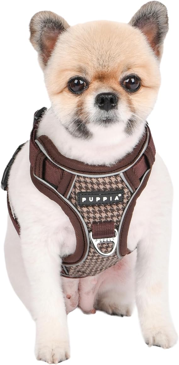 Puppia Conall Dog Harness H Houndstooth Pattern Sturdy Adjustable Neck and Chest Reflective for Small and Medium Dogs, Brown, Medium