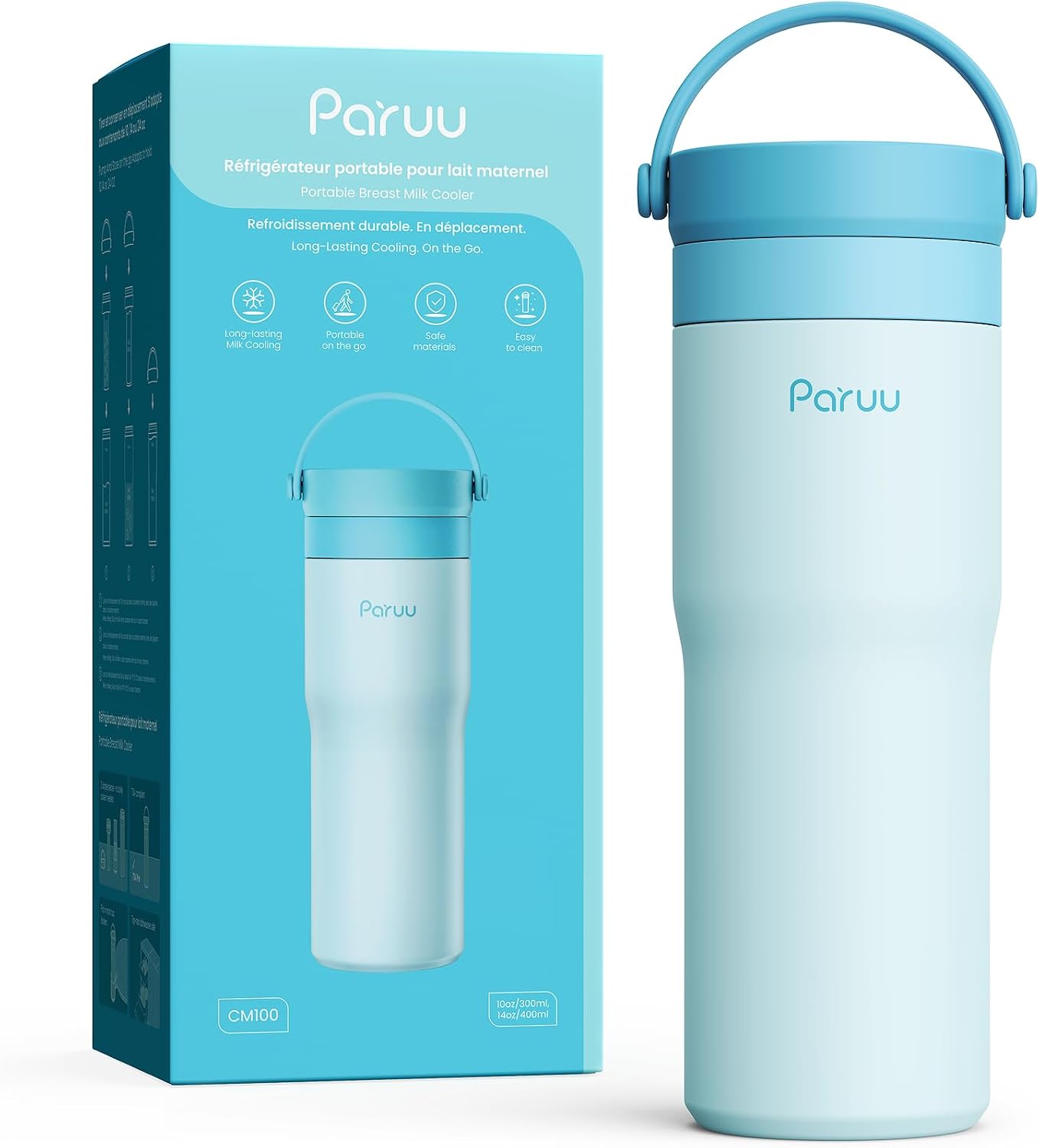 Paruu Portable Breast Milk Cooler, 304 Stainless Steel Breastmilk Chiller for 14–23H Cooling, 10-24oz Breastmilk Storage Container for Travel, Outdoor, New Moms Breastfeeding Essentials, Blue