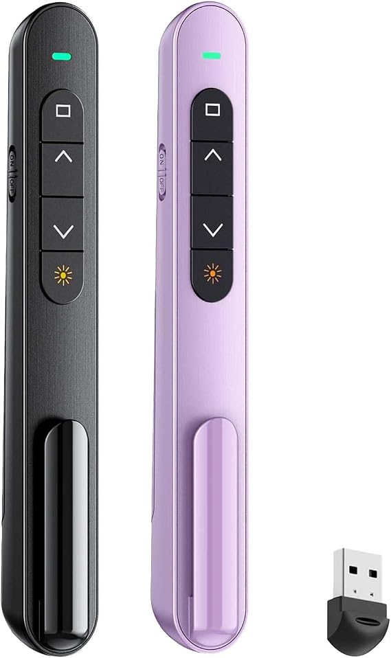 QUI 2 Pack Wireless Presenter Remote, USB, Black Purple | 2.4GHz RF Presentation Clicker with Hyperlink Volume Control, USB Presentation Remote for Mac, Laptop, Google Slides