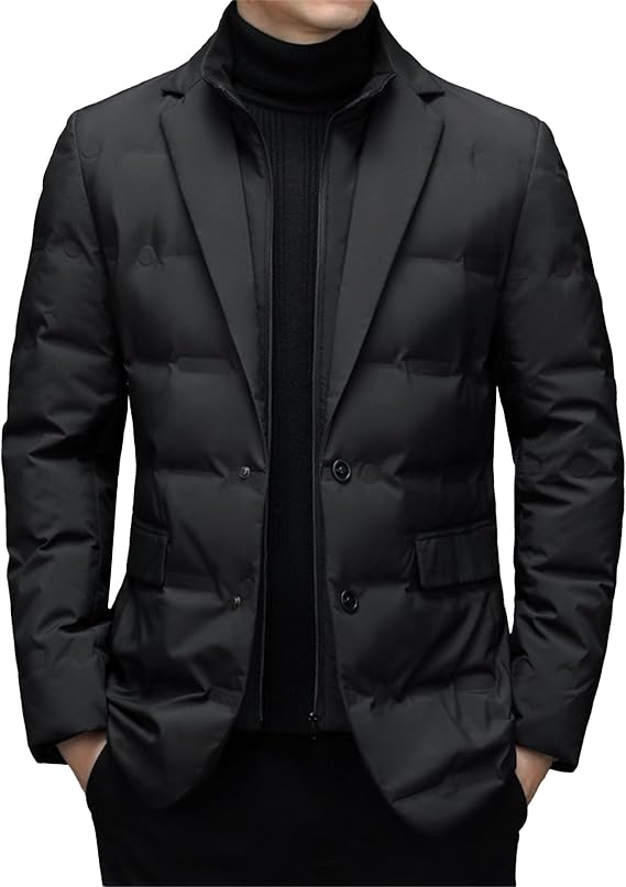 Men's Lapel Suit Insulated Puffer Jacket Thermal Business Padded Puffy Coat Warm Slim Casual Solid Color Blazer (Black,Large)