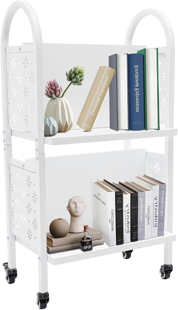 Library Book Cart, White Rolling Book Cart, Office Book Cart, Moveable Book Organizer with 2 Lockable Wheels, 34in Tall Rolling Carts with 2 Tiers Bookshelf for Office, Home, Reading Rooms