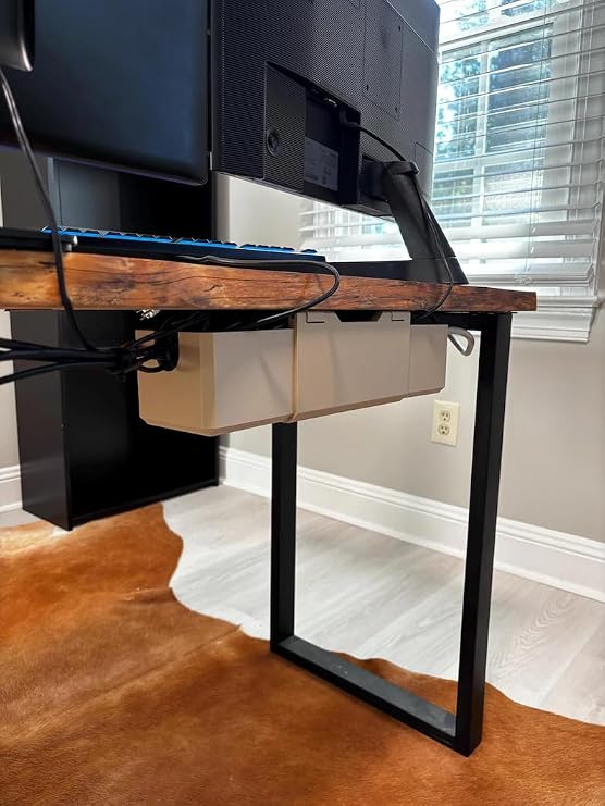 Rustic Solid Wood Top Standing Desk with Black Metal U-Shaped Legs, Under Desk Cable Management Tray Adjustable Home Office Writing Computer Desk for Workstation Bedroom Study Room